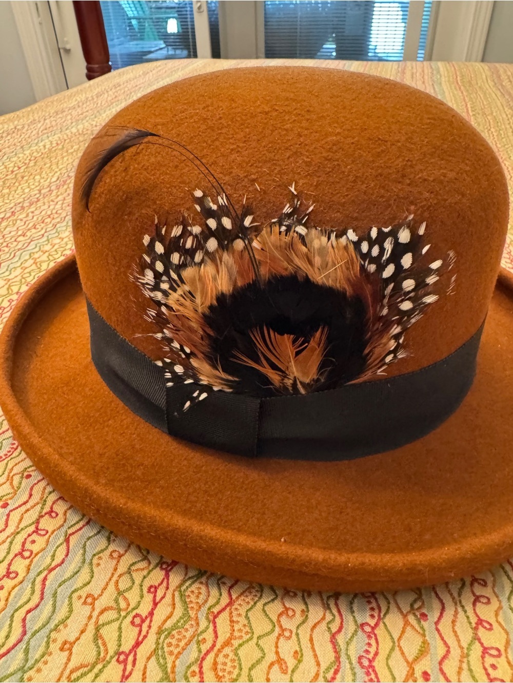 Betmar New York Vintage 100% Wool Felt Bowler Hat Brown Feather Trim